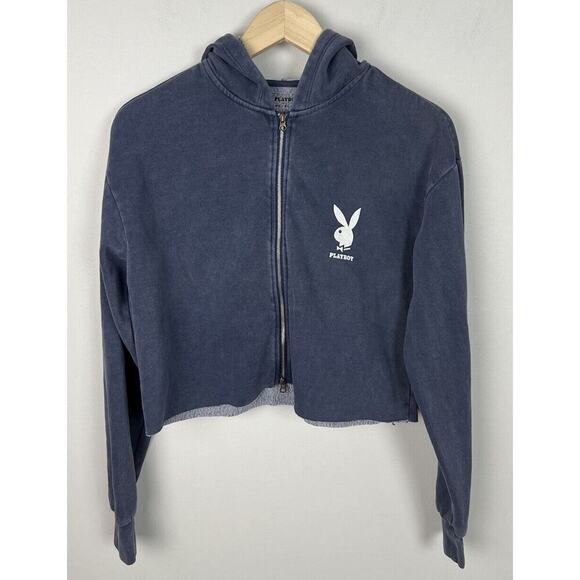 Playboy By Pacsun Navy Blue Full Zip Crop HoodieSweater Cotton Blend Size Small - Picture 1 of 6